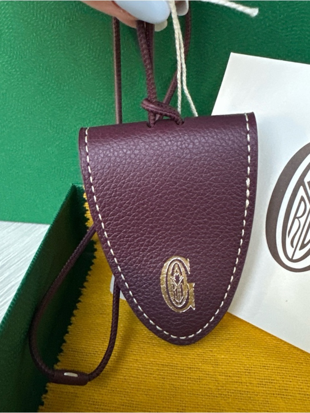 Goyard Burgundy Leather Magnetic Bag Clip/Charm with White Stitching